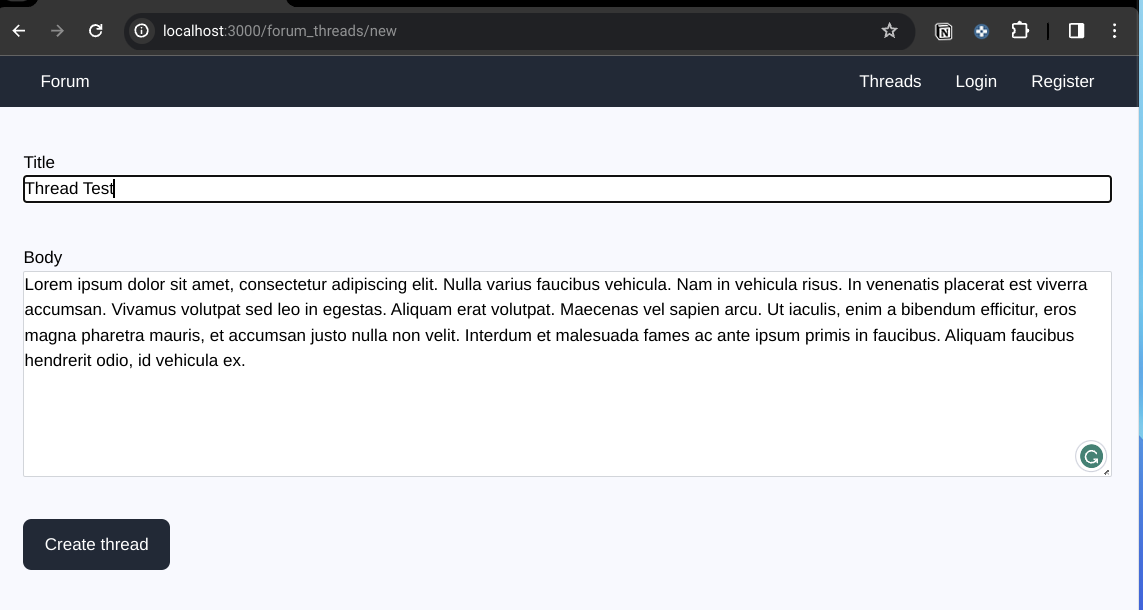 A page containing two fields filled with lorem ipsum text and a button to create a new thread