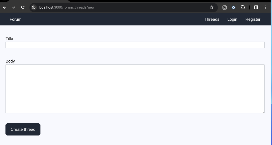 A page containing two fields and a button to create a new thread