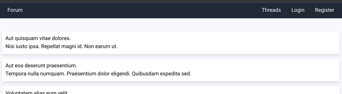 A graynavbar with some a logo header in white saying Forum. At its right side, three menu items Threads, Login and Register
