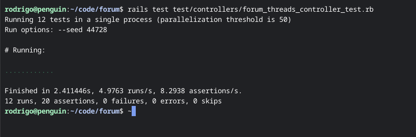 A command shell showing that 12 runs and 20 assertions of the suit are made without any errors