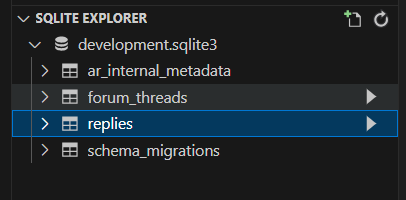 A list of three tables generated showed in VS Code