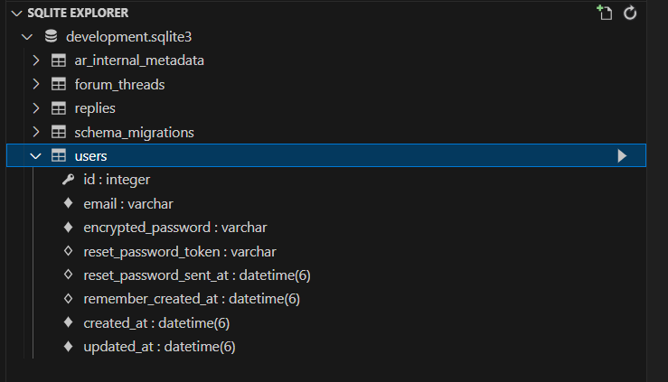 A screenshot showing the users table and its columns on SQLite explorer in VSCode